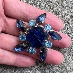 Vintage Rhinestone Brooch Pin - Navy And Light Blue w/ Filagree Silver Backing